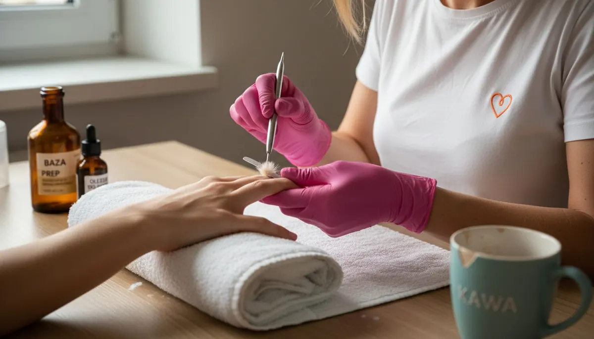 Stylistka paznokci przygotowuje naturalną płytkę do wykonania manicure.